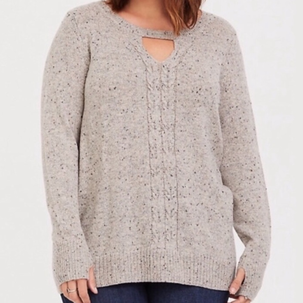 Torrid oatmeal colored sweater with front cut out